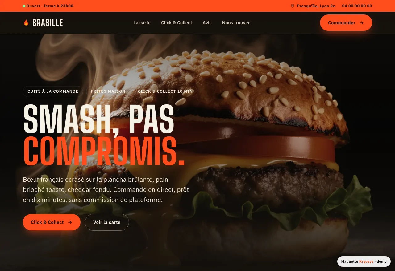 Maquette de site pour un restaurant de smash burgers, Lyon.